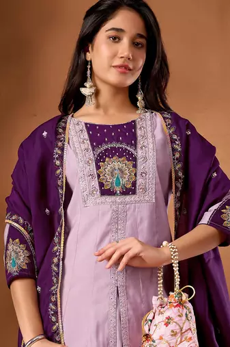 Lavendar & wine embroidered straight kurti palazzo set with dupatta