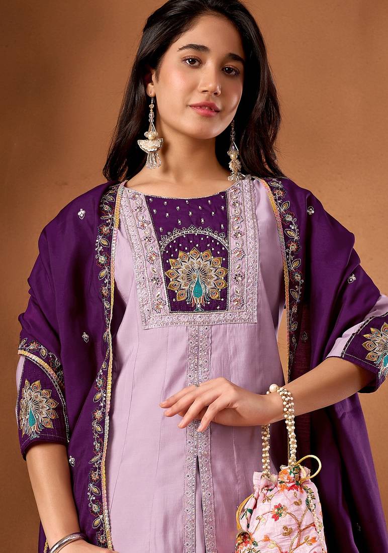Lavendar & wine embroidered straight kurti palazzo set with dupatta