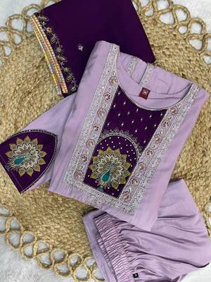 Lavendar & wine embroidered straight kurti palazzo set with dupatta 3