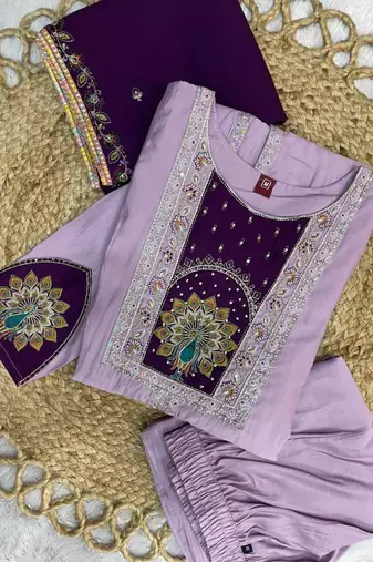 Lavendar & wine embroidered straight kurti palazzo set with dupatta