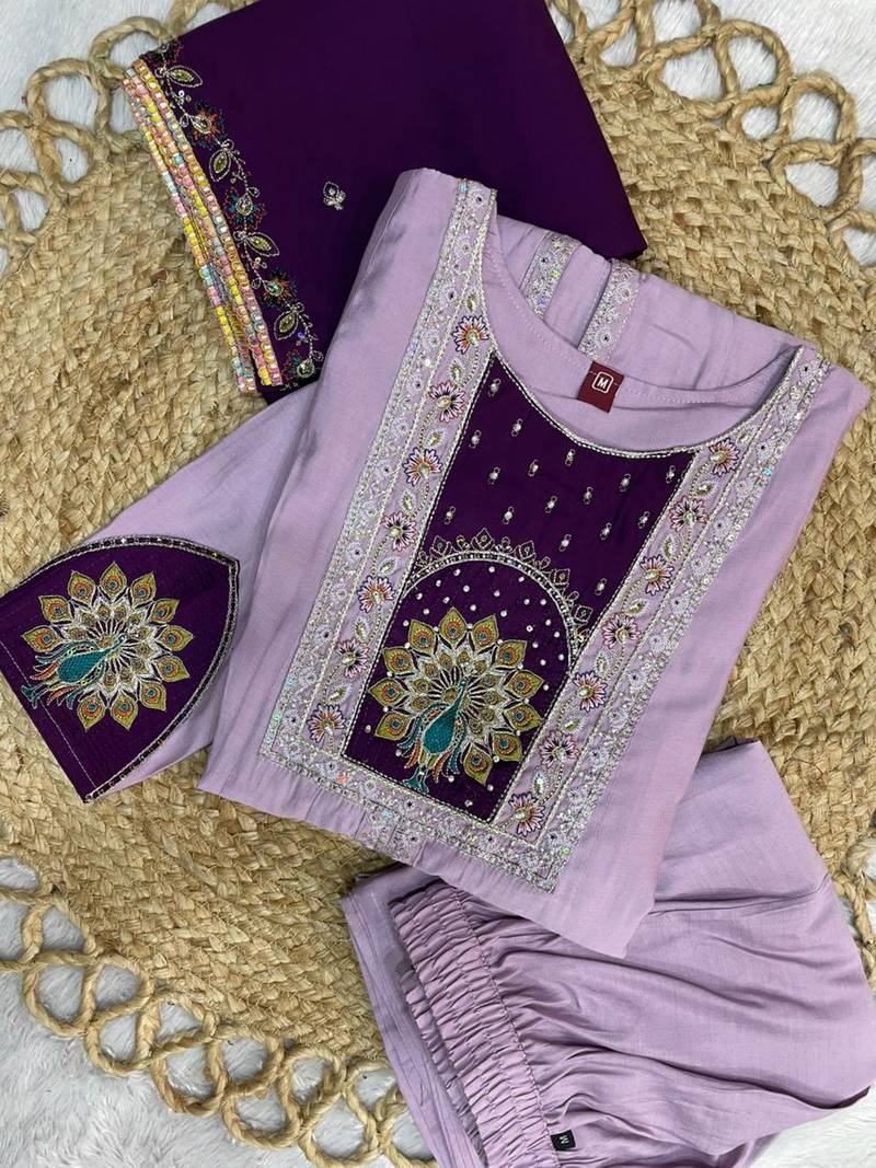 Lavendar & wine embroidered straight kurti palazzo set with dupatta