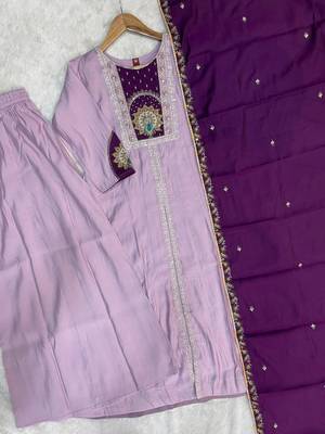 Lavendar & wine embroidered straight kurti palazzo set with dupatta 4