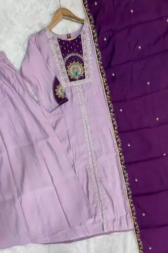 Lavendar & wine embroidered straight kurti palazzo set with dupatta