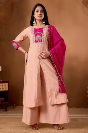 Peach & rani pink embroidered straight kurti palazzo set with dupatta