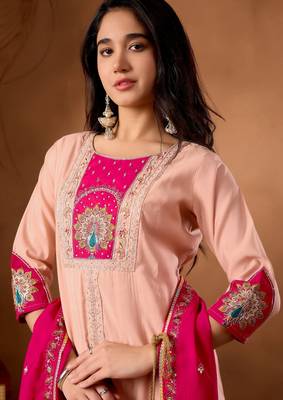 Peach & rani pink embroidered straight kurti palazzo set with dupatta 2