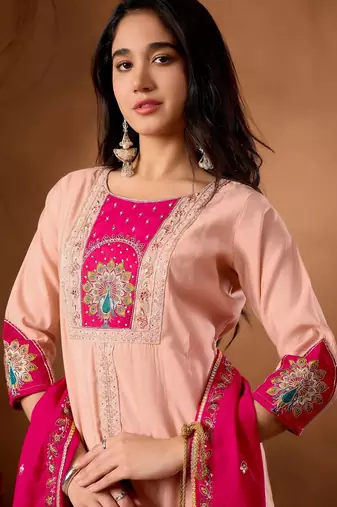 Peach & rani pink embroidered straight kurti palazzo set with dupatta
