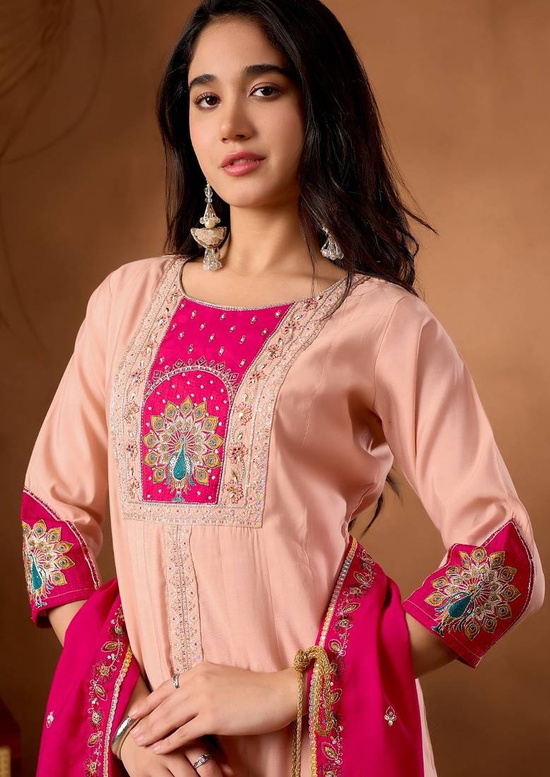 Peach & rani pink embroidered straight kurti palazzo set with dupatta