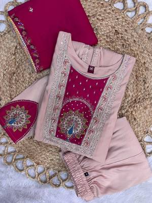 Peach & rani pink embroidered straight kurti palazzo set with dupatta 3