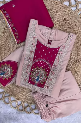 Peach & rani pink embroidered straight kurti palazzo set with dupatta