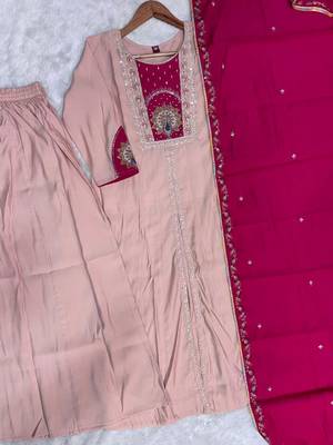 Peach & rani pink embroidered straight kurti palazzo set with dupatta 4