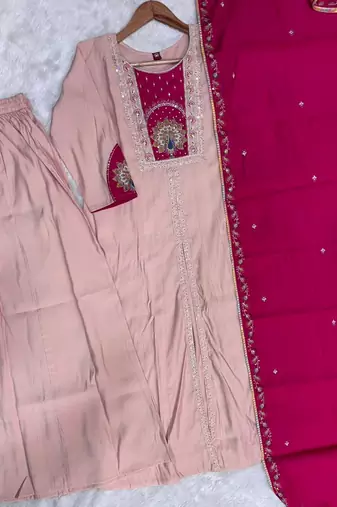 Peach & rani pink embroidered straight kurti palazzo set with dupatta