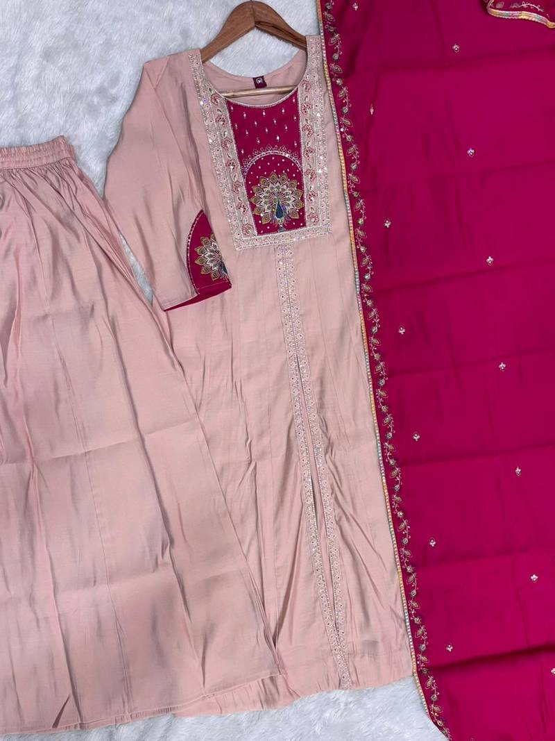 Peach & rani pink embroidered straight kurti palazzo set with dupatta