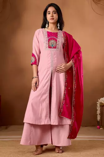 Pink & rani pink embroidered straight kurti palazzo set with dupatta