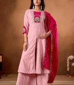 Pink & rani pink embroidered straight kurti palazzo set with dupatta