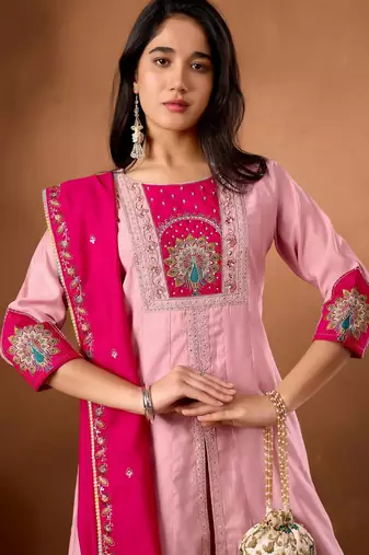 Pink & rani pink embroidered straight kurti palazzo set with dupatta