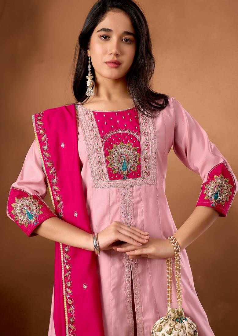 Pink & rani pink embroidered straight kurti palazzo set with dupatta