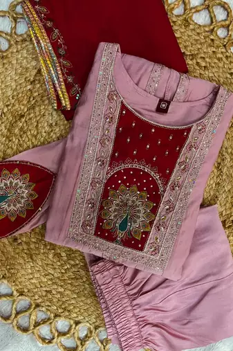 Pink & rani pink embroidered straight kurti palazzo set with dupatta