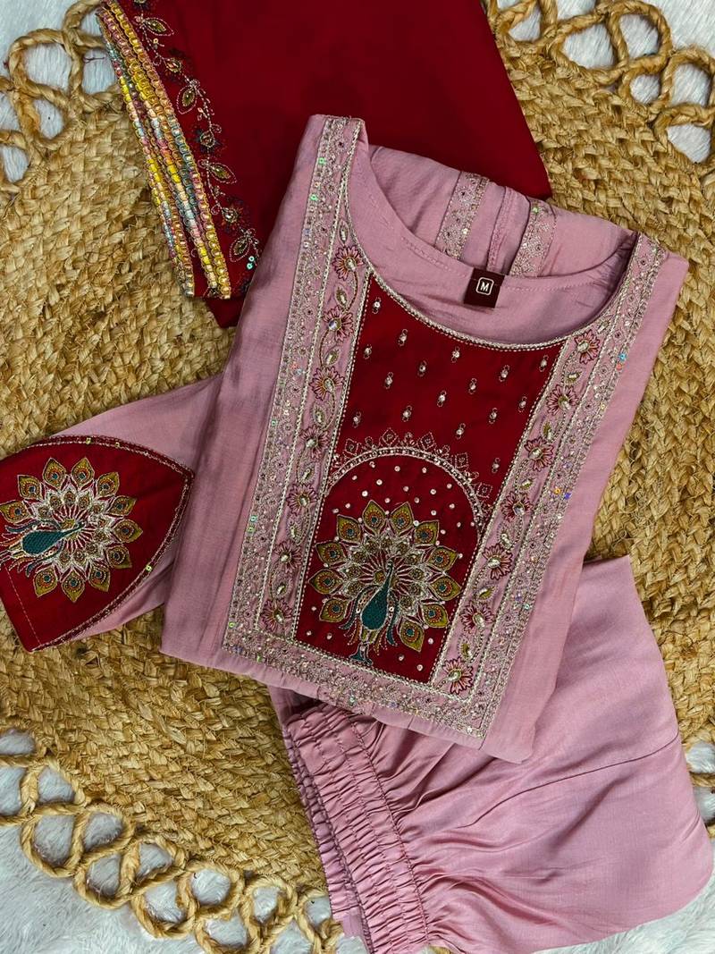 Pink & rani pink embroidered straight kurti palazzo set with dupatta
