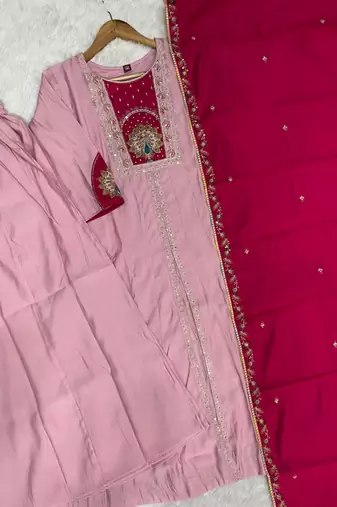 Pink & rani pink embroidered straight kurti palazzo set with dupatta
