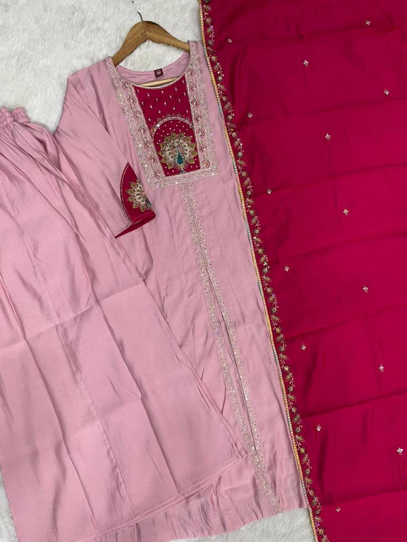 Pink & rani pink embroidered straight kurti palazzo set with dupatta