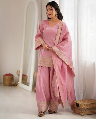 Pink glass roman silk embroidered farshi shalwar suit set with dupatta 1