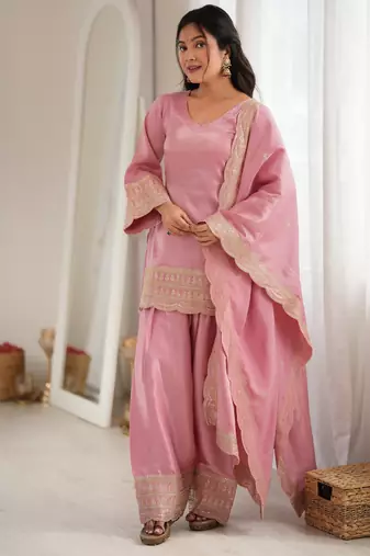 Pink glass roman silk embroidered farshi shalwar suit set with dupatta