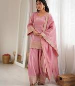 Pink glass roman silk embroidered farshi shalwar suit set with dupatta