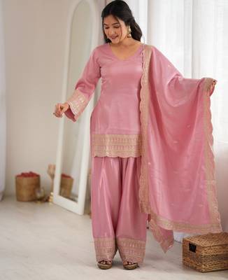 Pink glass roman silk embroidered farshi shalwar suit set with dupatta 2