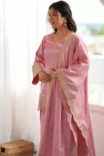 Pink glass roman silk embroidered farshi shalwar suit set with dupatta
