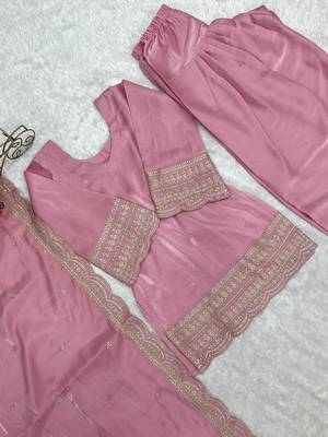 Pink glass roman silk embroidered farshi shalwar suit set with dupatta 5