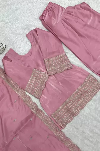 Pink glass roman silk embroidered farshi shalwar suit set with dupatta