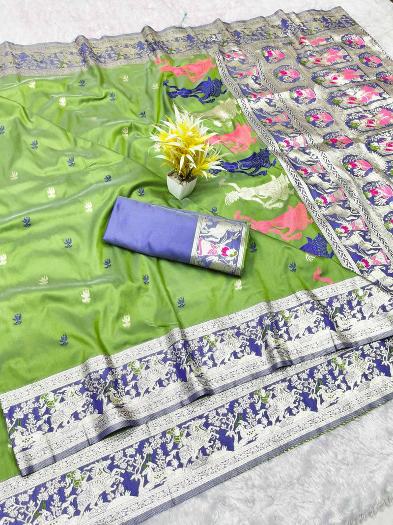 mehendi zari woven baluchari traditional saree with blouse piece
