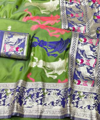 mehendi zari woven baluchari traditional saree with blouse piece 3
