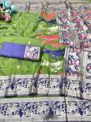 mehendi zari woven baluchari traditional saree with blouse piece 5