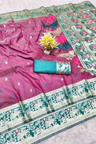 wine zari woven baluchari traditional saree with blouse piece