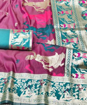wine zari woven baluchari traditional saree with blouse piece 3