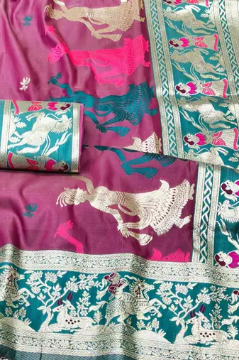 wine zari woven baluchari traditional saree with blouse piece