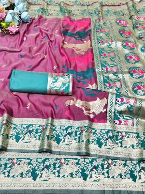 wine zari woven baluchari traditional saree with blouse piece 5