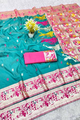 blue zari woven baluchari traditional saree with blouse piece