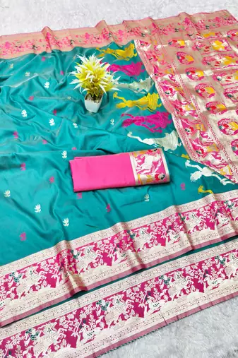 blue zari woven baluchari traditional saree with blouse piece