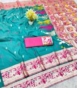blue zari woven baluchari traditional saree with blouse piece