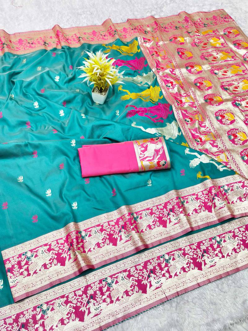blue zari woven baluchari traditional saree with blouse piece