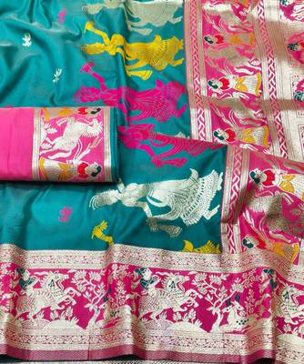 blue zari woven baluchari traditional saree with blouse piece 3