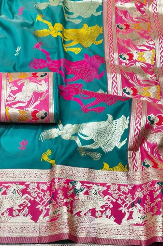 blue zari woven baluchari traditional saree with blouse piece