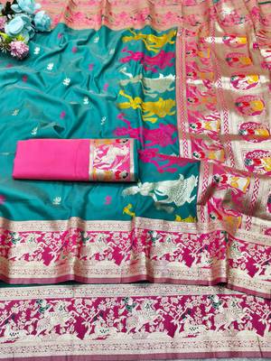 blue zari woven baluchari traditional saree with blouse piece 5