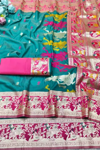 blue zari woven baluchari traditional saree with blouse piece