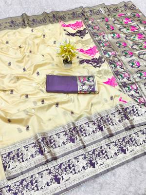 cream zari woven baluchari traditional saree with blouse piece 1