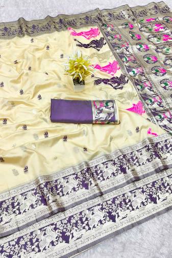 cream zari woven baluchari traditional saree with blouse piece