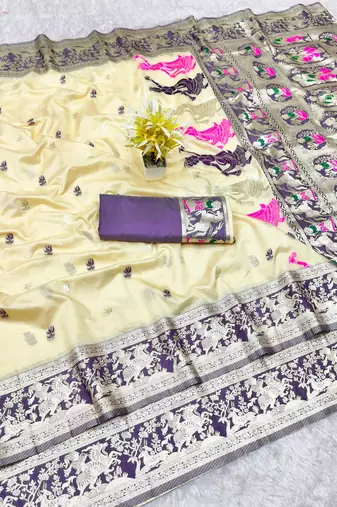 cream zari woven baluchari traditional saree with blouse piece