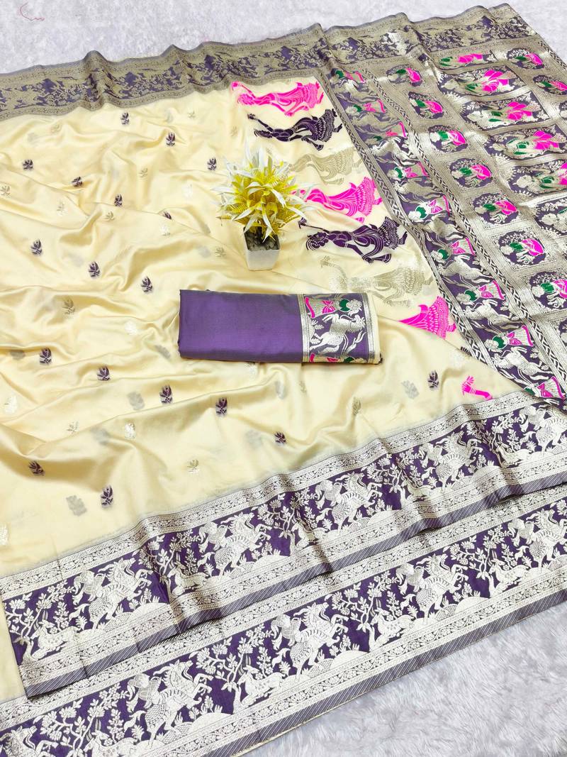 cream zari woven baluchari traditional saree with blouse piece